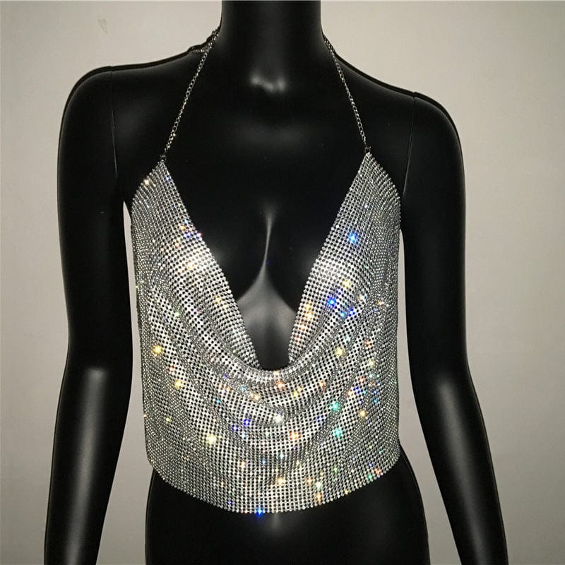 SHIHAN 2023 Fashion Solid Backless Straps Full Diamonds Sequins Cami Cropped Top for Women Bling Rhinestones Party Crop Top