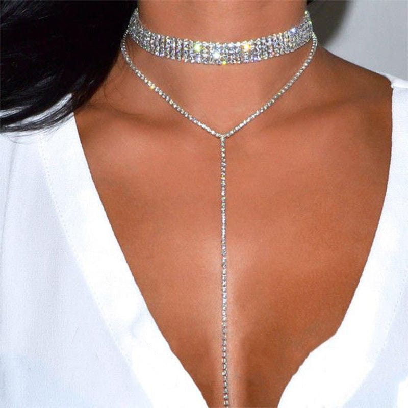 SHIHAN 2023 New Rhinestone Choker with Long Silver Rhinestone Crystal Chain Necklace Jewelry Women Statement Necklaces Luxury