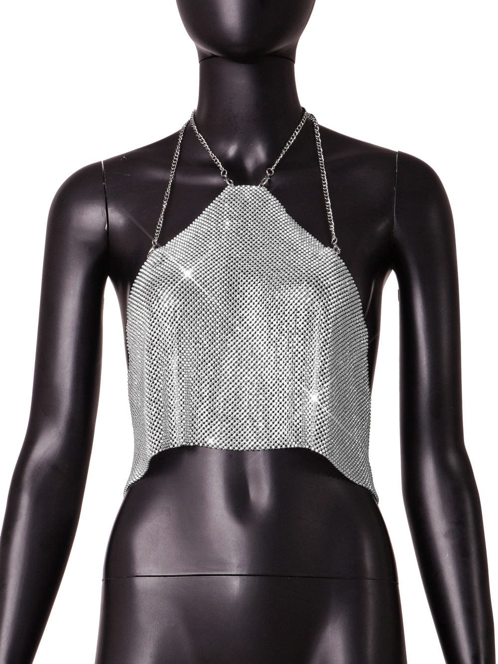 SHIHAN New arrivals silver metallic vest tops halter tank mini backless top shiny party chainmail sparkle tank tops women