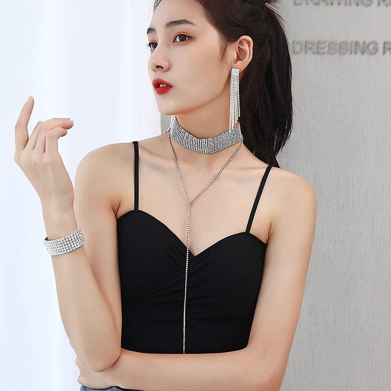 SHIHAN New Diamond 10 rows long necklace rhinestone hand ring tassel long earrings three-piece set of accessories jewelry set