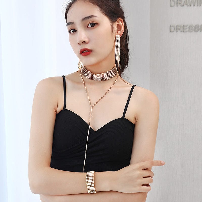 SHIHAN New Diamond 10 rows long necklace rhinestone hand ring tassel long earrings three-piece set of accessories jewelry set