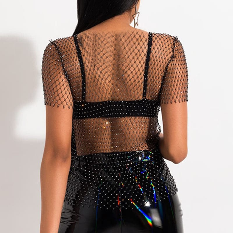 SHIHAN Sexy New Mesh Rhinestone Long Sleeve T Shirt Women Hollow See-through Fishnet Tops Summer Casual Shirt Party Club Women