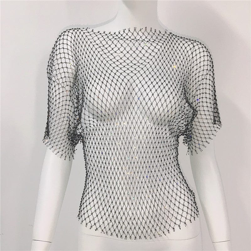 SHIHAN Sexy New Mesh Rhinestone Long Sleeve T Shirt Women Hollow See-through Fishnet Tops Summer Casual Shirt Party Club Women