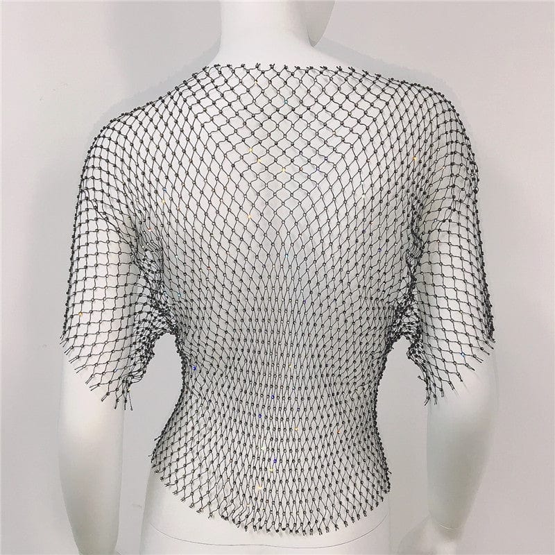 SHIHAN Sexy New Mesh Rhinestone Long Sleeve T Shirt Women Hollow See-through Fishnet Tops Summer Casual Shirt Party Club Women