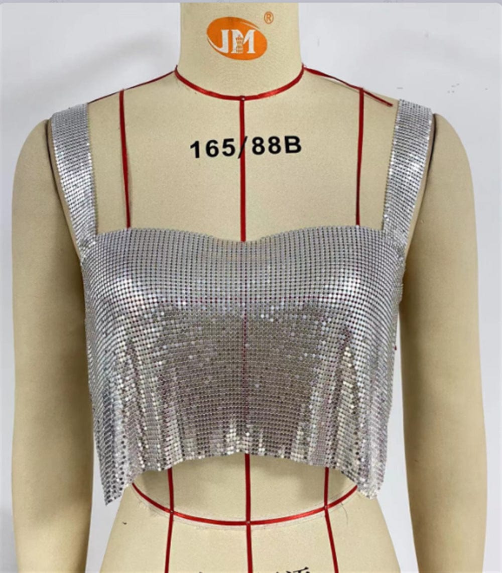 SHIHAN Silver Metallic crop top chainmail party aluminium silver chain crop top women vest