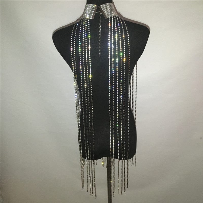 SHIHAN Silver rhinestone long tassel chain drop necklace body chain top neck jewelry crystal rhinestone necklace body jewelry