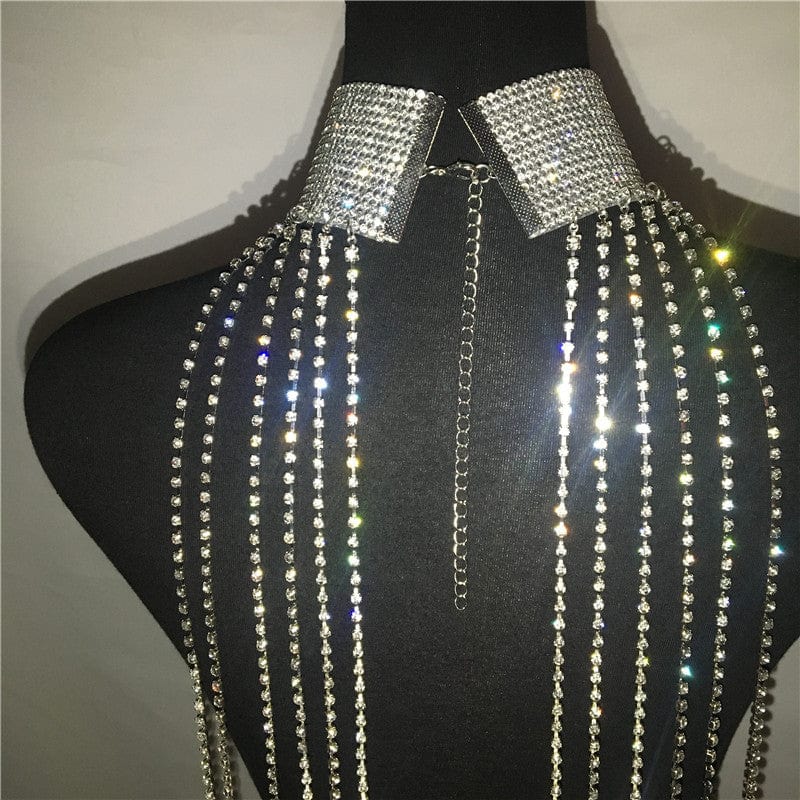 SHIHAN Silver rhinestone long tassel chain drop necklace body chain top neck jewelry crystal rhinestone necklace body jewelry