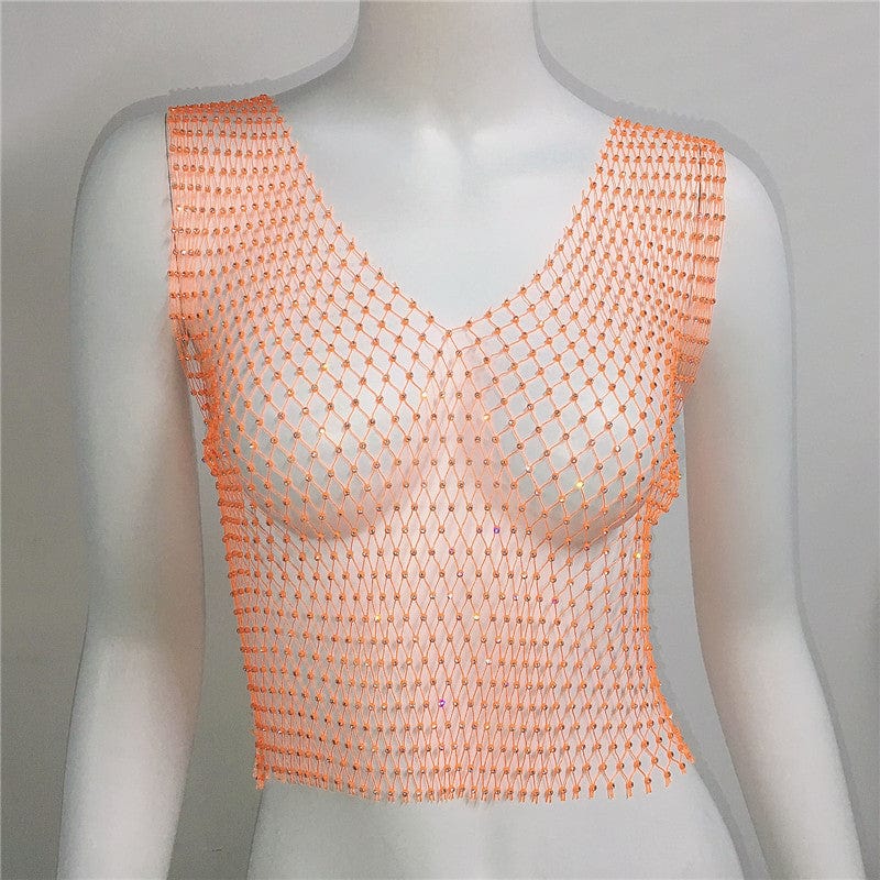 SHIHAN Women's Fishnet Rhinestone Crop Top 2023 Summer Sexy Mesh High Elastic Black White Shirt Net See Through Diamond Tank Top