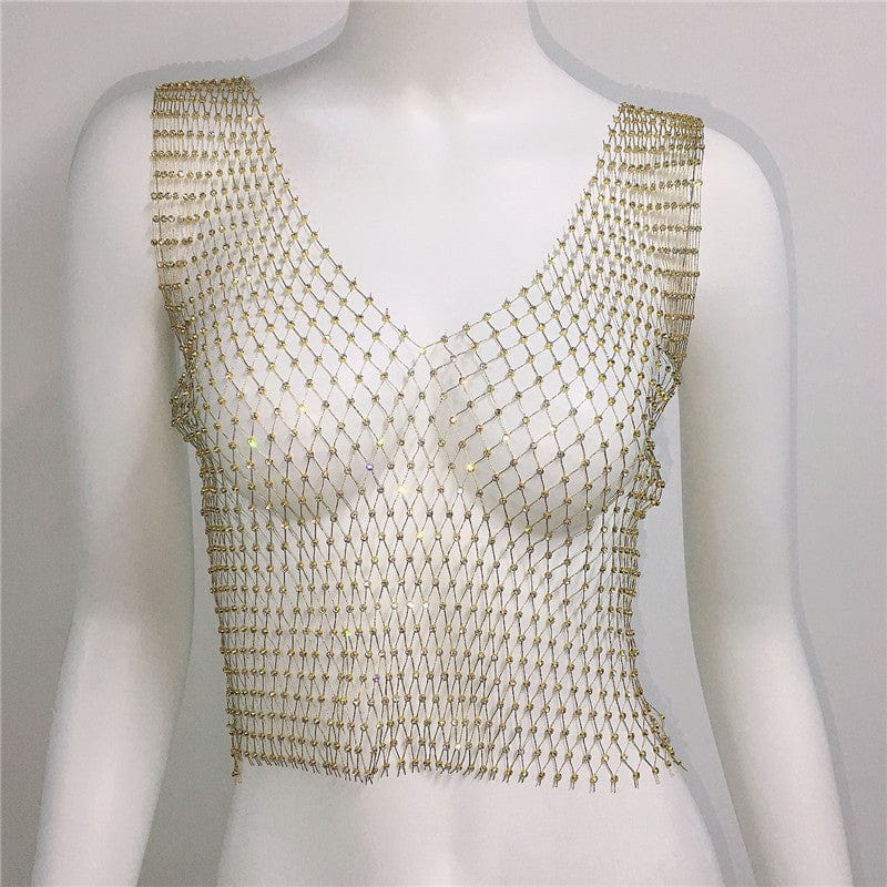 SHIHAN Women's Fishnet Rhinestone Crop Top 2023 Summer Sexy Mesh High Elastic Black White Shirt Net See Through Diamond Tank Top