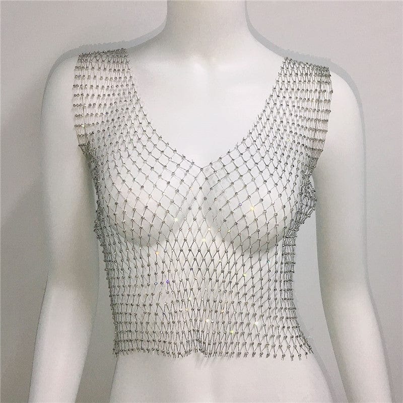 SHIHAN Women's Fishnet Rhinestone Crop Top 2023 Summer Sexy Mesh High Elastic Black White Shirt Net See Through Diamond Tank Top