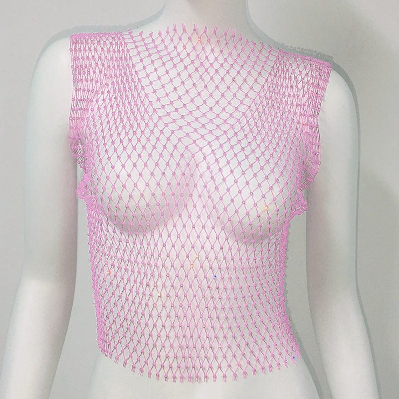 SHIHAN Women's Fishnet Rhinestone Crop Top 2023 Summer Sexy Mesh High Elastic Black White Shirt Net See Through Diamond Tank Top