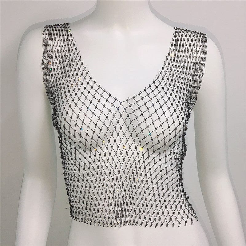 SHIHAN Women's Fishnet Rhinestone Crop Top 2023 Summer Sexy Mesh High Elastic Black White Shirt Net See Through Diamond Tank Top