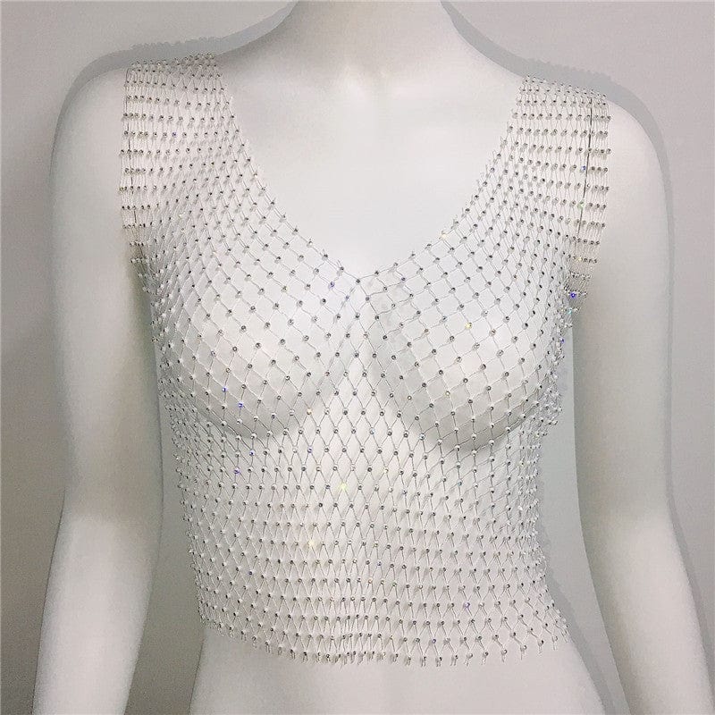 SHIHAN Women's Fishnet Rhinestone Crop Top 2023 Summer Sexy Mesh High Elastic Black White Shirt Net See Through Diamond Tank Top