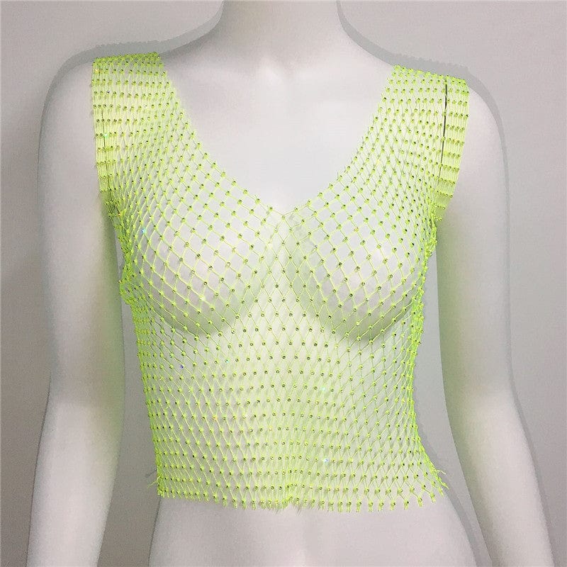 SHIHAN Women's Fishnet Rhinestone Crop Top 2023 Summer Sexy Mesh High Elastic Black White Shirt Net See Through Diamond Tank Top