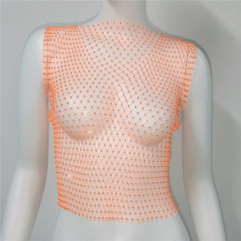 SHIHAN Women's Fishnet Rhinestone Crop Top 2023 Summer Sexy Mesh High Elastic Black White Shirt Net See Through Diamond Tank Top