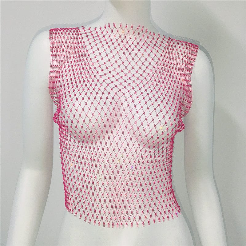 SHIHAN Women's Fishnet Rhinestone Crop Top 2023 Summer Sexy Mesh High Elastic Black White Shirt Net See Through Diamond Tank Top