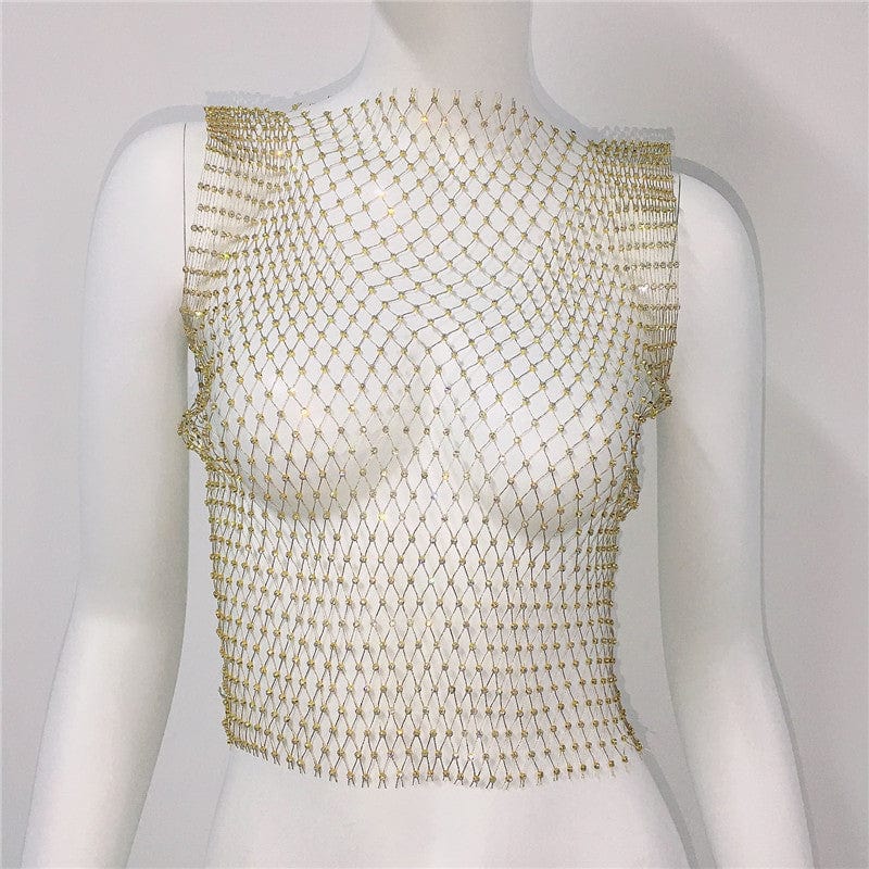 SHIHAN Women's Fishnet Rhinestone Crop Top 2023 Summer Sexy Mesh High Elastic Black White Shirt Net See Through Diamond Tank Top