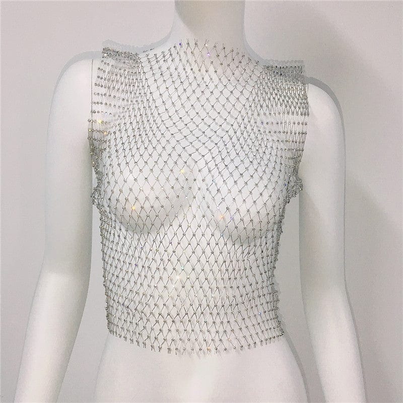 SHIHAN Women's Fishnet Rhinestone Crop Top 2023 Summer Sexy Mesh High Elastic Black White Shirt Net See Through Diamond Tank Top