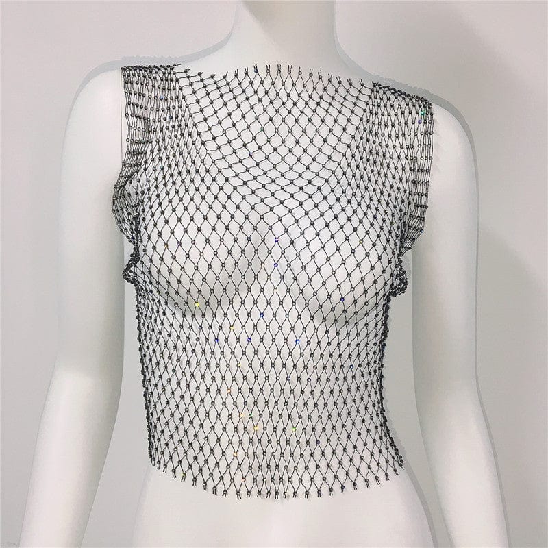 SHIHAN Women's Fishnet Rhinestone Crop Top 2023 Summer Sexy Mesh High Elastic Black White Shirt Net See Through Diamond Tank Top