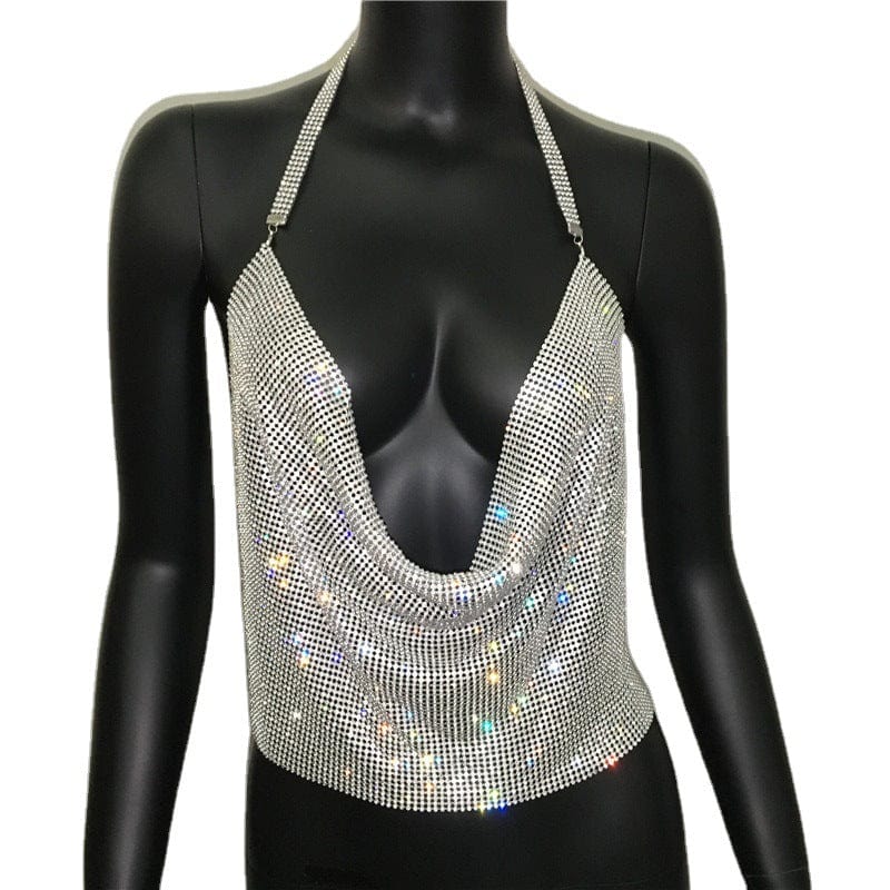 SHIHAN Women Strap Aluminum Sequin Slim Deep V-neck Vest Fashion Tank Sexy Sparkly Party Nightclub Costume Skinny Short Crop Top