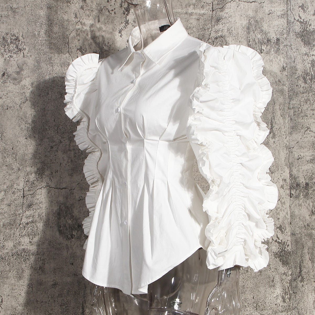 Shirt Blouse  Loose Pleated Ruffled Lapel Waist Long Sleeve Elegant White Shirt Women