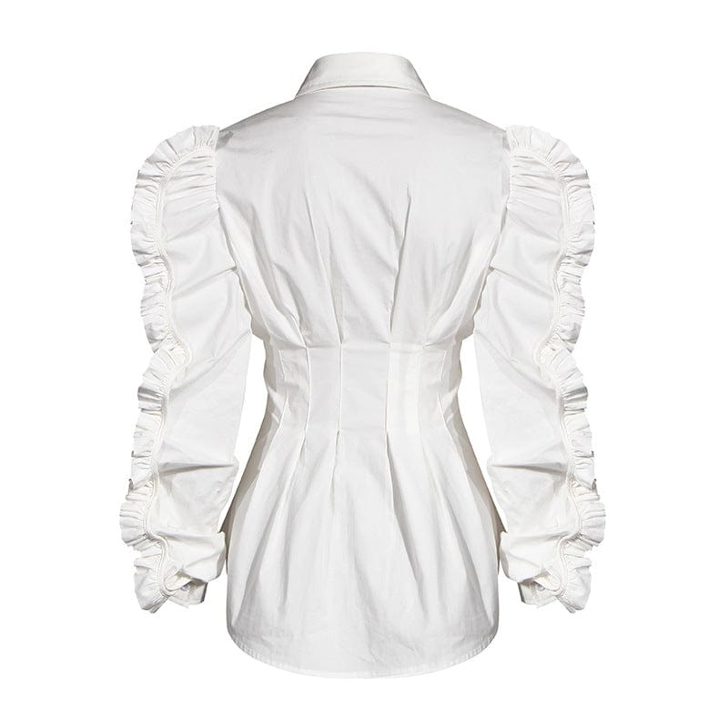 Shirt Blouse  Loose Pleated Ruffled Lapel Waist Long Sleeve Elegant White Shirt Women