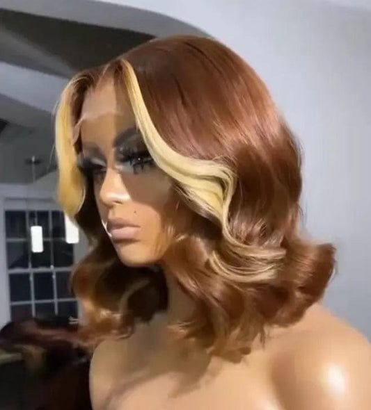 Short Bob Wigs Highlight Brown Body Wave Brazilian Human Hair T-part Lace Wigs