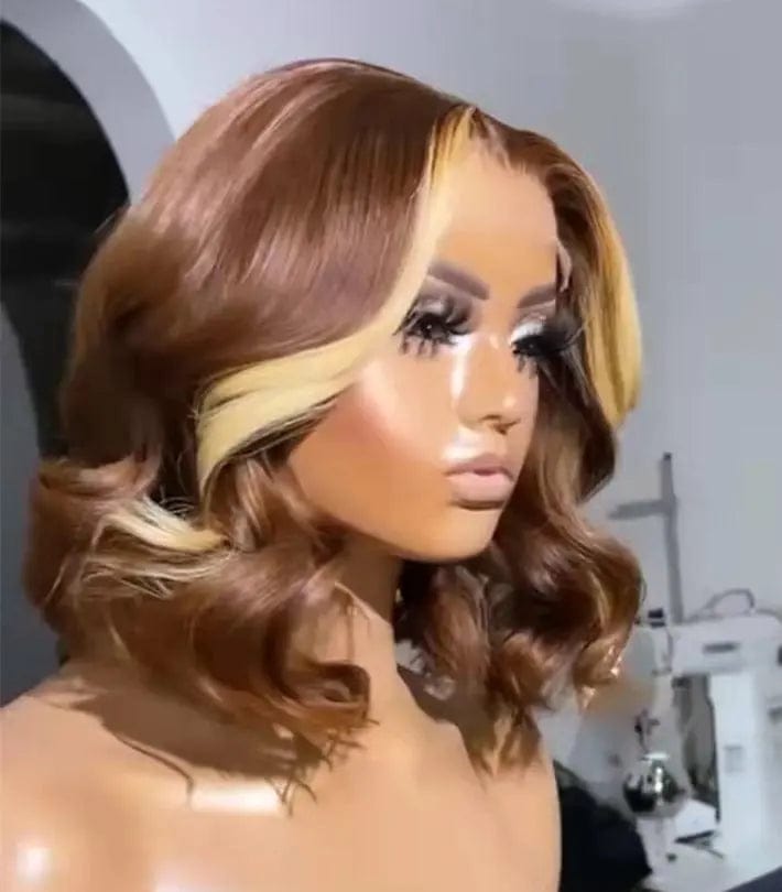 Short Bob Wigs Highlight Brown Body Wave Brazilian Human Hair T-part Lace Wigs