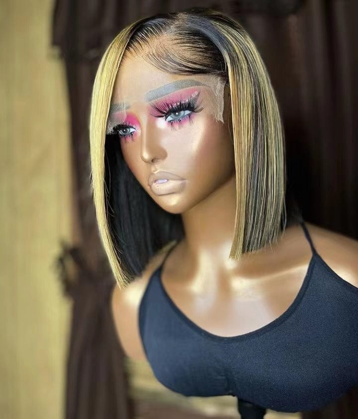 Short Bob Wigs Highlights Plum Red Silky Straight Peruvian Hair Lace Frontal Wigs for Black Women