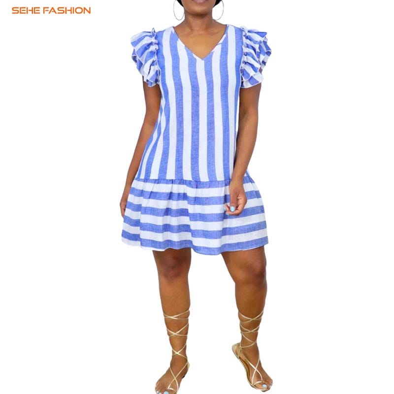 short dress 10310-MX80 stripe v-neck loose girl short sleeve women dress sehe fashion