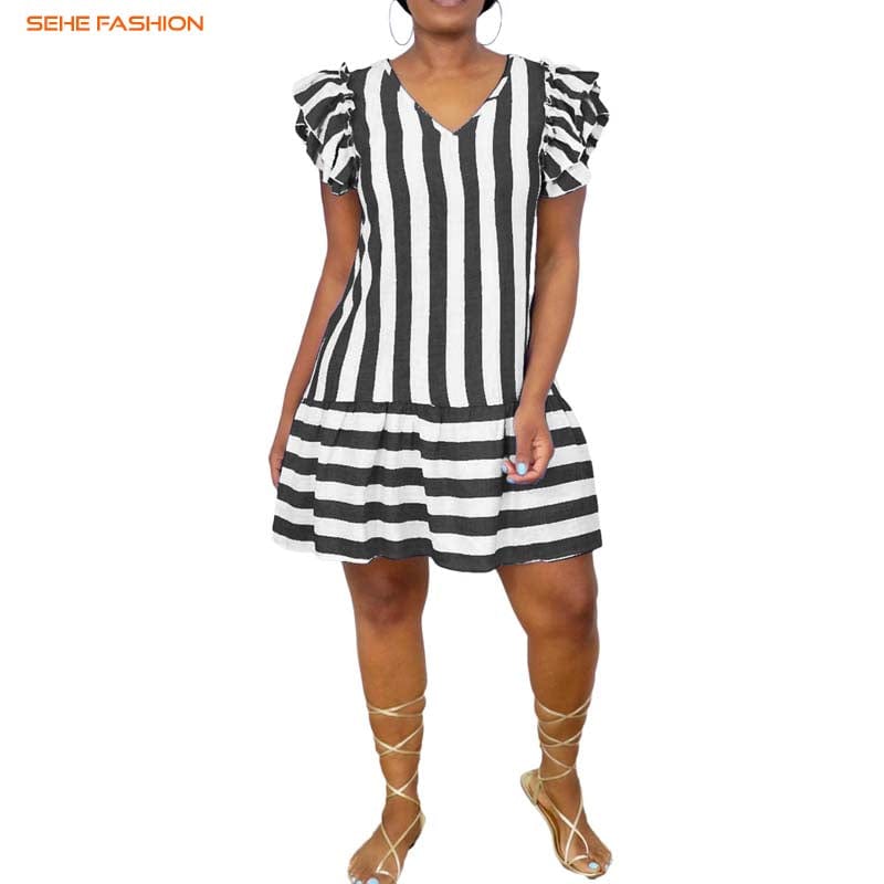 short dress 10310-MX80 stripe v-neck loose girl short sleeve women dress sehe fashion