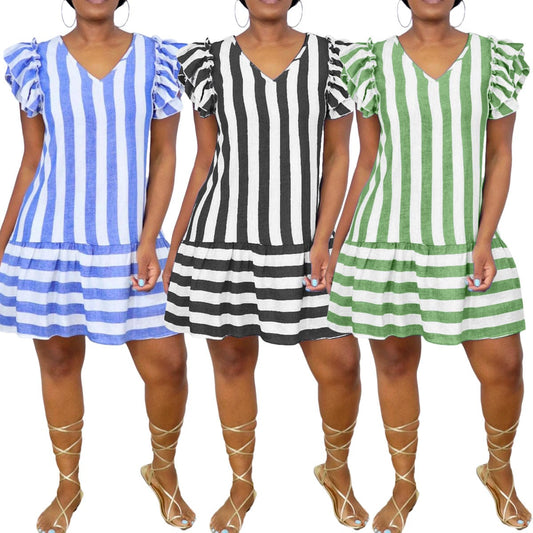 short dress 10310-MX80 stripe v-neck loose girl short sleeve women dress sehe fashion