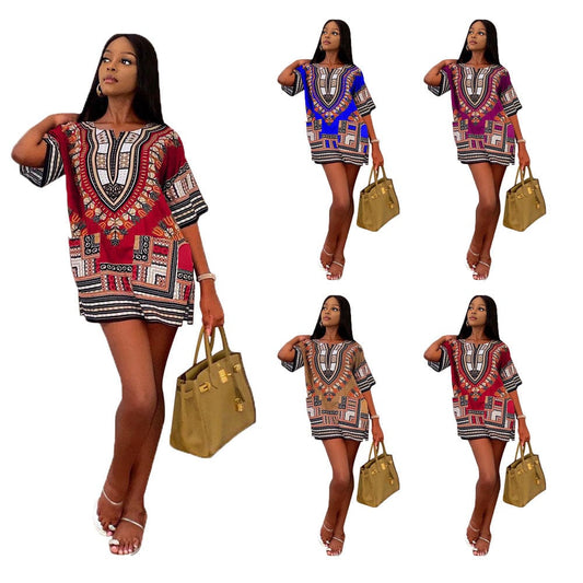 short dress 10425-MX96 african clothing ethnic style printed t shirts dresses women sehe fashion