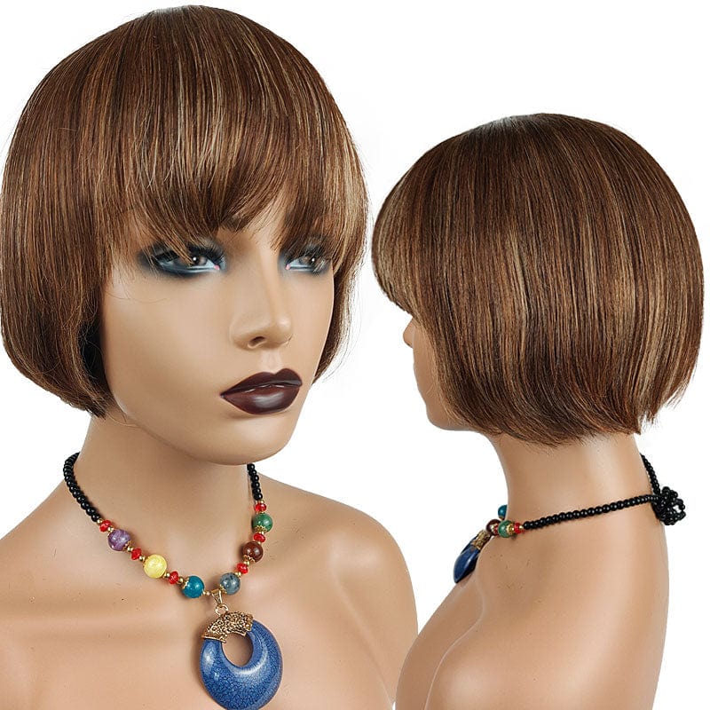 Short Pixie Cut Human Hair Wig Honey Blonde Ombre Brown Machine Made Human Hair Bob Hard Lace Wig with Bangs