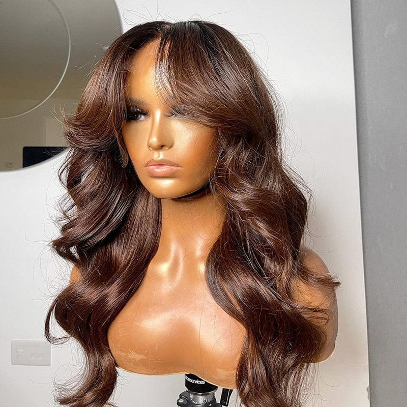 Silk Base Swiss Lace Wig Brown Super Wave Full Raw Indian Cuticle Aligned Human Hair Silk Top 13*4 Lace Front Wigs