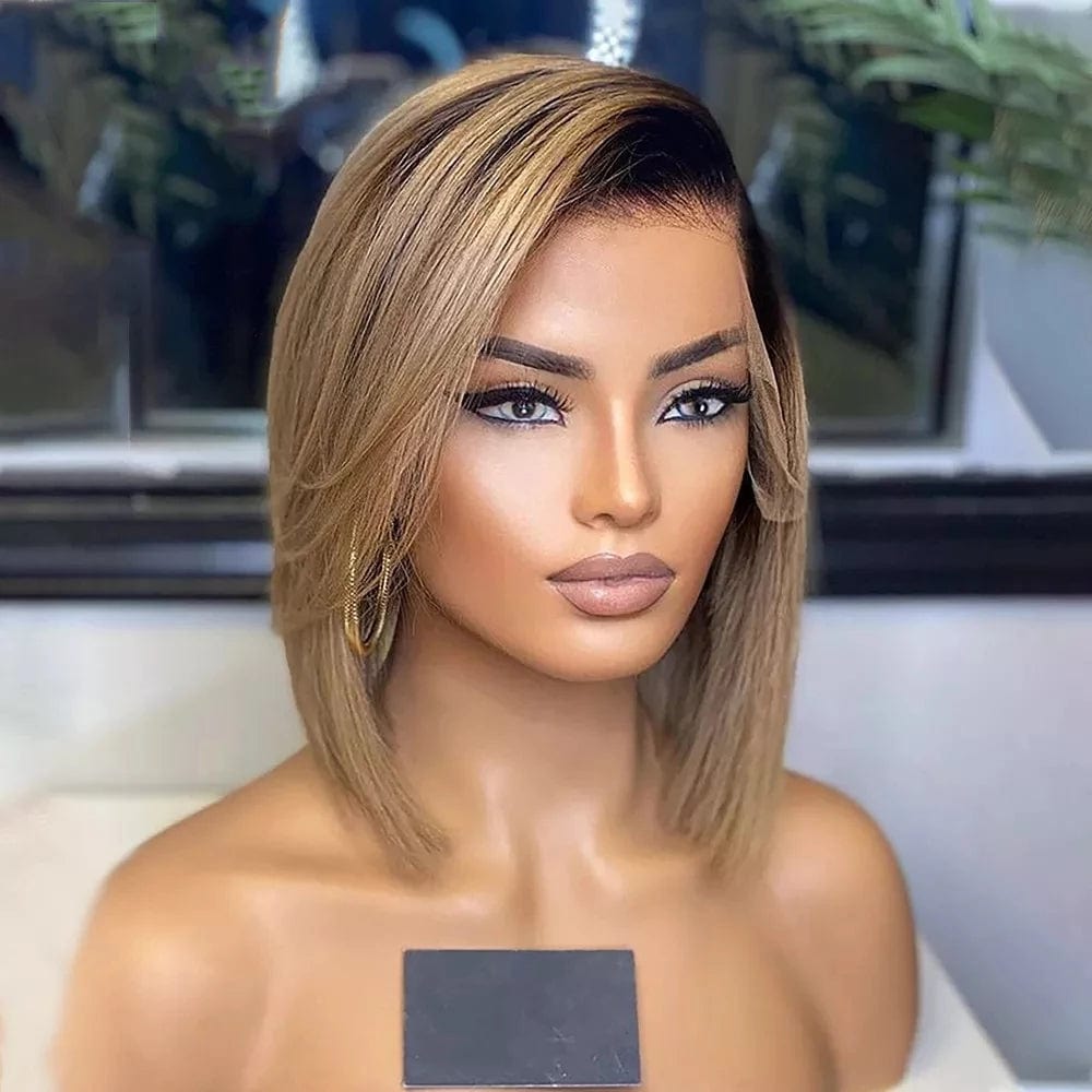 Silky Straight Short Bob 13x4 Lace Front Wigs Ombre Honey Blonde 1B27 Indian Remy Human Hair Short Wave Bob Wigs With Baby Hair