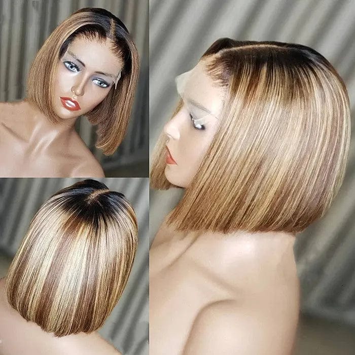 Silky Straight Short Pixie Bob Cut Wigs Lace Front Wigs With Baby Hair Ombre Highlight Blonde Human Hair Wigs Lace Frontal