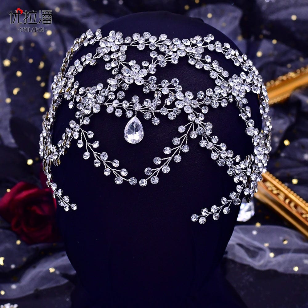 silver headdress S4203F   New Mesh Rhinestone Cross S-Bend Headgear Styling  Bridal Forehead Hair Accessories  wedding tiara