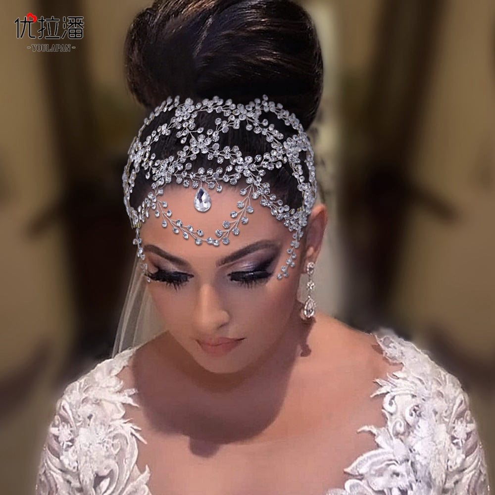 silver headdress S4203F   New Mesh Rhinestone Cross S-Bend Headgear Styling  Bridal Forehead Hair Accessories  wedding tiara