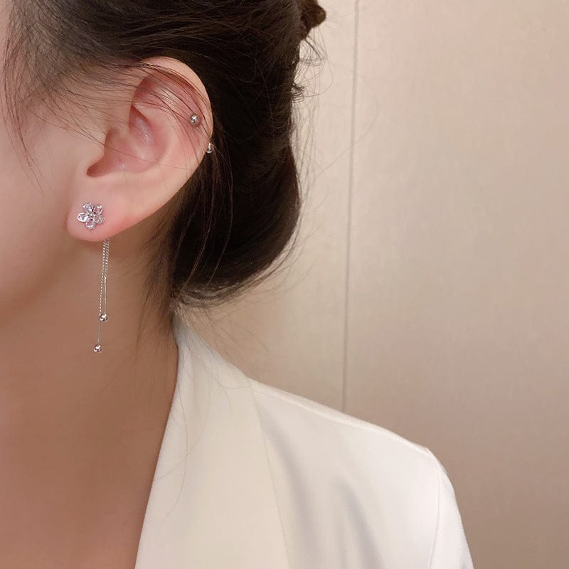 silver New High Grade Sense Zircon Flower Tassel Earrings South Korean Temperament Fashion Earrings Long Stud Women