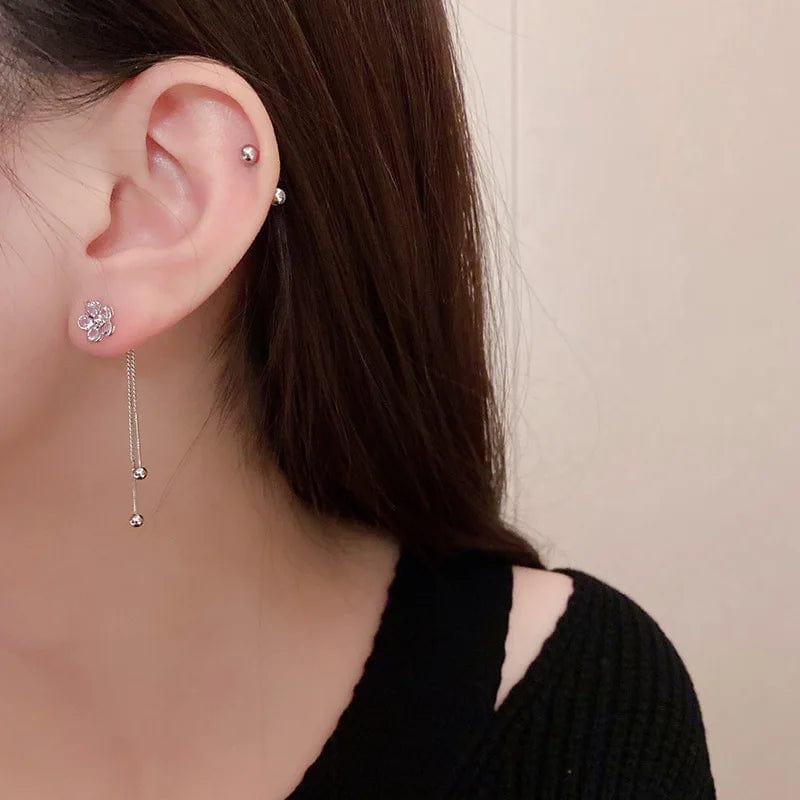 silver New High Grade Sense Zircon Flower Tassel Earrings South Korean Temperament Fashion Earrings Long Stud Women