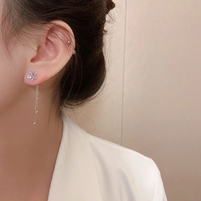 silver New High Grade Sense Zircon Flower Tassel Earrings South Korean Temperament Fashion Earrings Long Stud Women