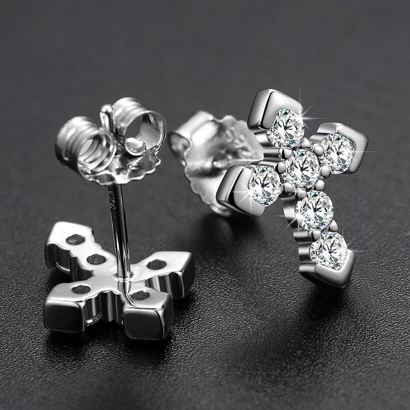 silver Original Design Trendy Religion Jewelry 925 Sterling Silver VVS Moissanite Cross Stud Earrings For Men Women