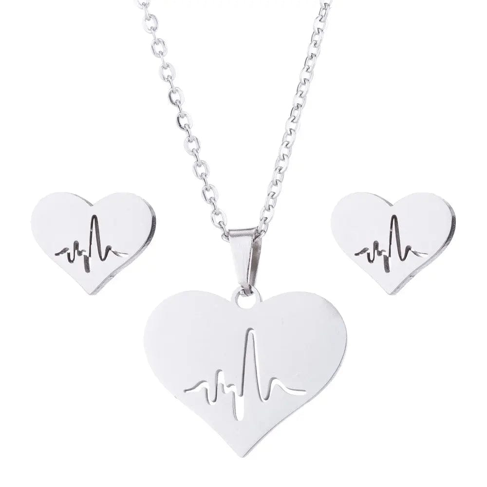 silver stainless steel Ecg Heart pendant necklaces and earrings jewelry set for girls