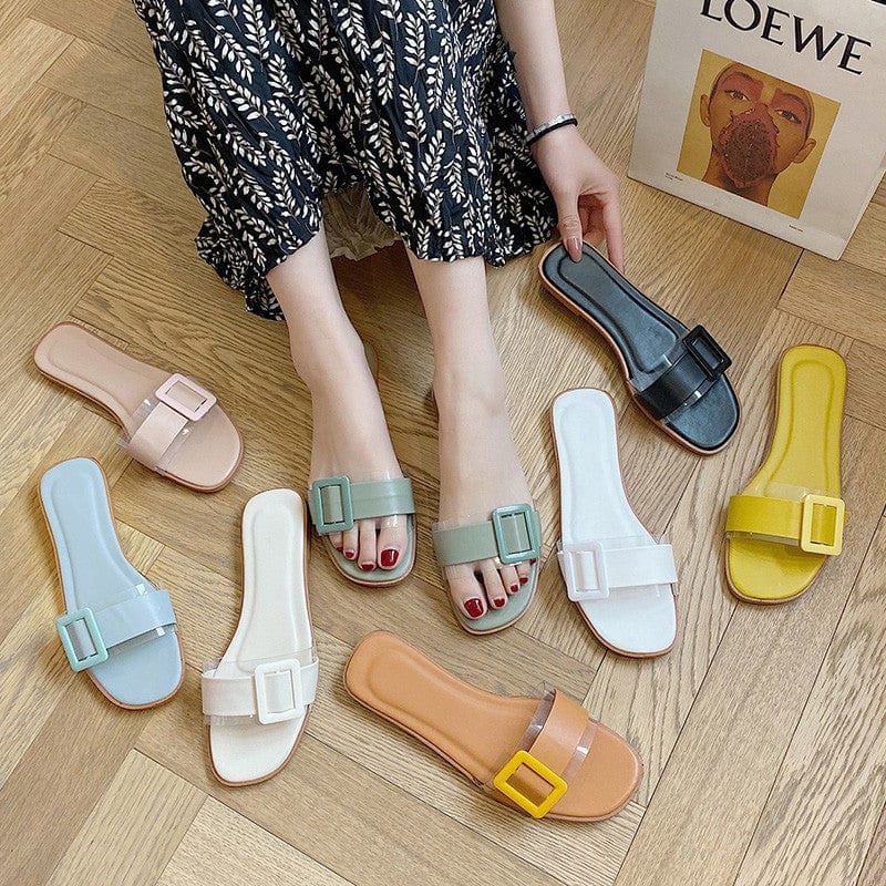 Simple transparent button with flat slippers sandals zj5555