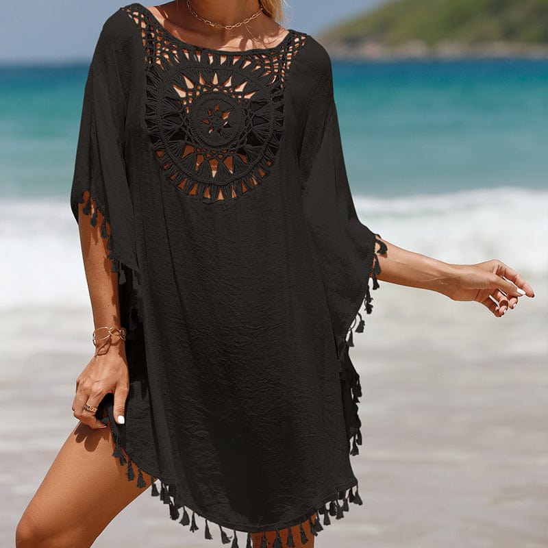 Size fits all / black OEM ODM Beach Cover Up Dress Wholesale One Piece Swimwear V Neck Hollow Out Swimsuit Crochet Chiffon Summer Beach Cover Up Dress