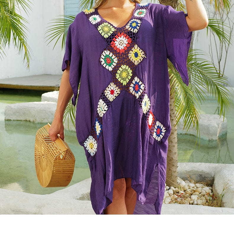 Size fits all / Purple OEM ODM Beach Cover Up Dress Bohemia One Piece Swimwear V Neck Hollow Out Swimsuit Crochet Chiffon Summer Beach Cover Up Dress