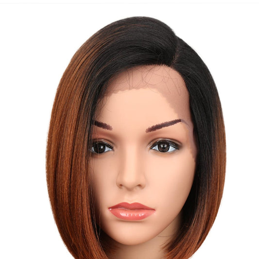 sleek short bob wig wholesale high temperature cheap heat resistant lace bob straight  frontal synthetic hair wig for women