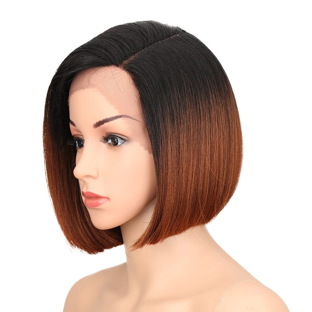 sleek short bob wig wholesale high temperature cheap heat resistant lace bob straight  frontal synthetic hair wig for women