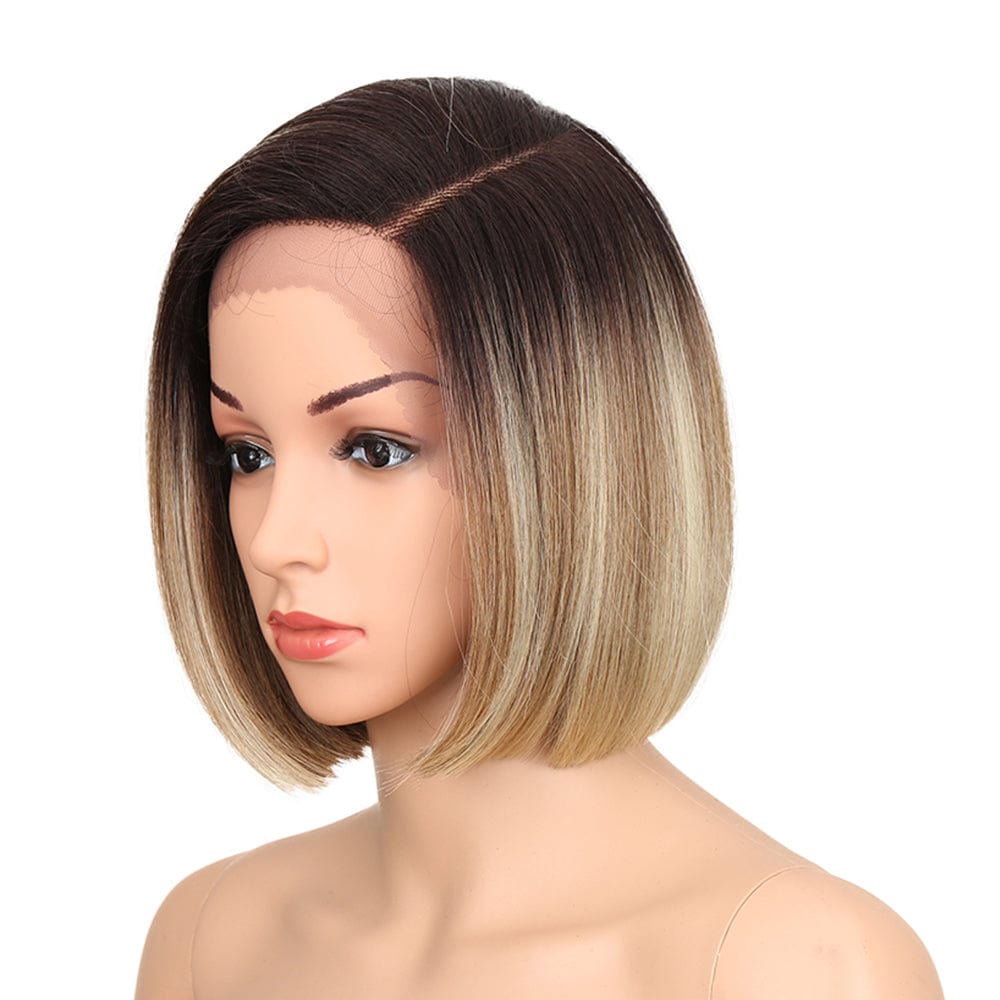 sleek short bob wig wholesale high temperature cheap heat resistant lace bob straight  frontal synthetic hair wig for women